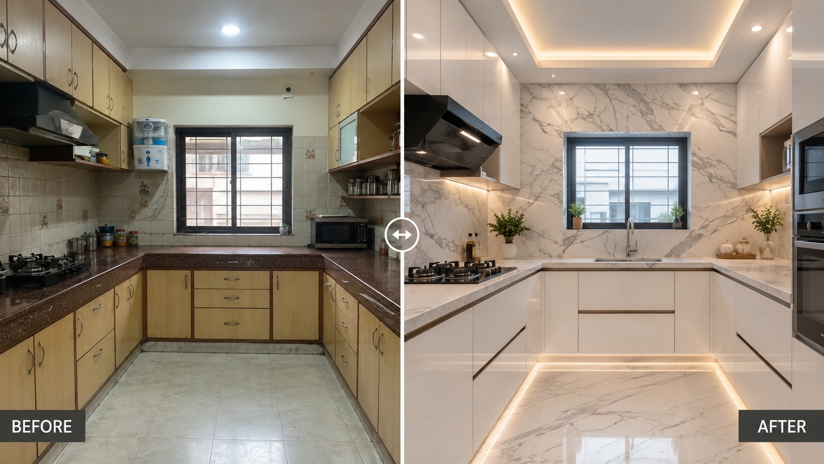 Before and after kitchen makeover with premium marble countertop design