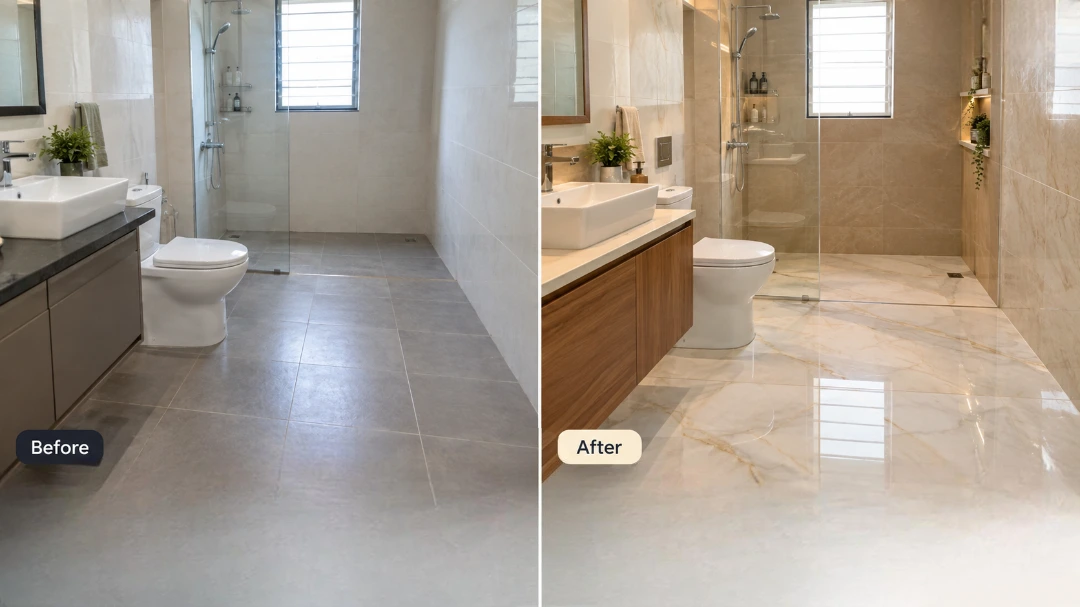 Modern bathroom floor tiles design featuring elegant cream marble-look flooring, stylish finishes, and a before-and-after bathroom renovation.