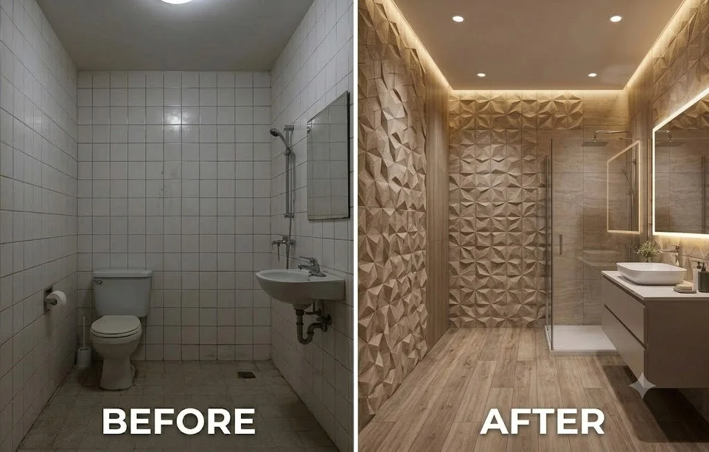 A detailed side-by-side photo comparison of a bathroom renovation. The 'BEFORE' panel shows dated, plain white square tiles and old fixtures. The 'AFTER' panel shows the identical space with dramatic, textured sculptural 3D bathroom tiles (geometric patterns) under warm recessed lighting, a new modern vanity, and backlit mirror.