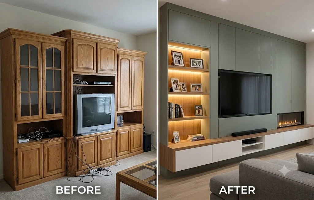 Modern PVC TV panel design with a stylish wall-mounted television, decorative panels, and a sleek floating TV cabinet in a contemporary living room.
