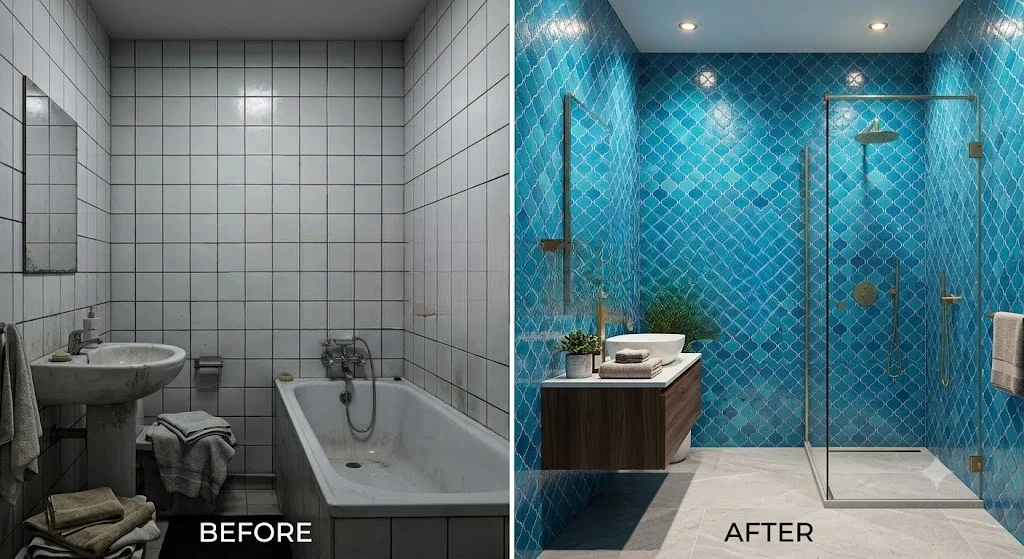 A side-by-side comparison. The left 'BEFORE' photo shows a tired, old bathroom with dated white square tiles. The right 'AFTER' photo shows the same space completely renovated with vibrant blue patterned wall tiles and sleek modern fixtures, under warm lighting