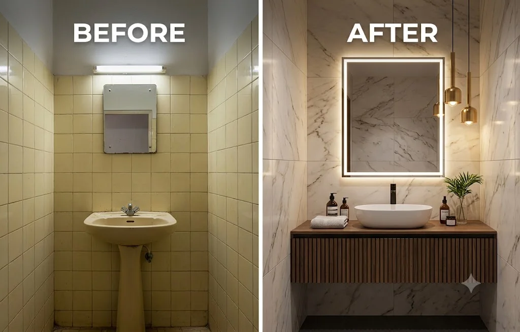 A side-by-side photo comparison of a dated, dull bathroom with old 4x4 beige ceramic tiles, vs. a modern, beautifully renovated bathroom featuring large-format marble-patterned wall tiles and sleek fixtures,