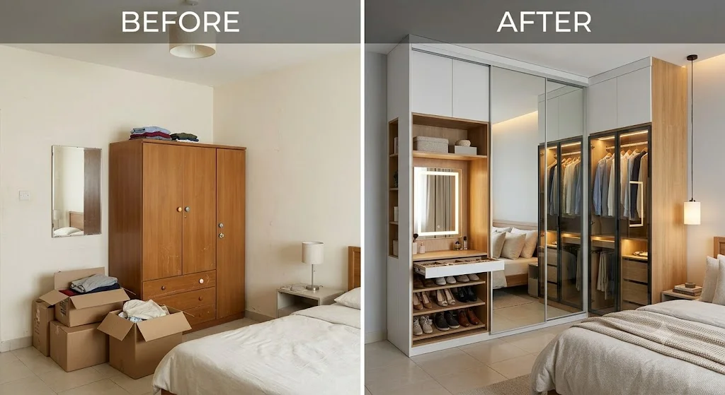 Before and after bedroom almirah design space makeover setup.