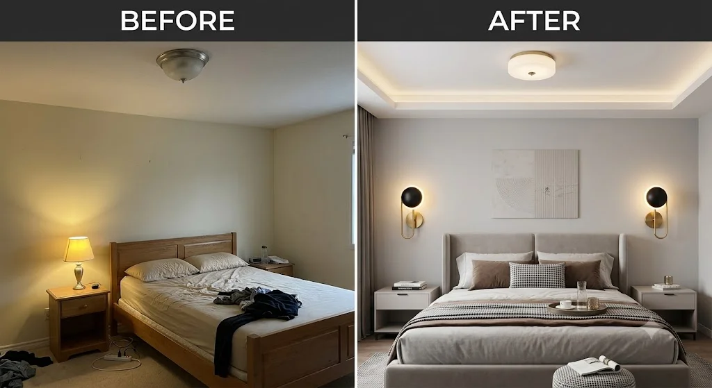Before and after bedroom upgrade using modern wall lights.