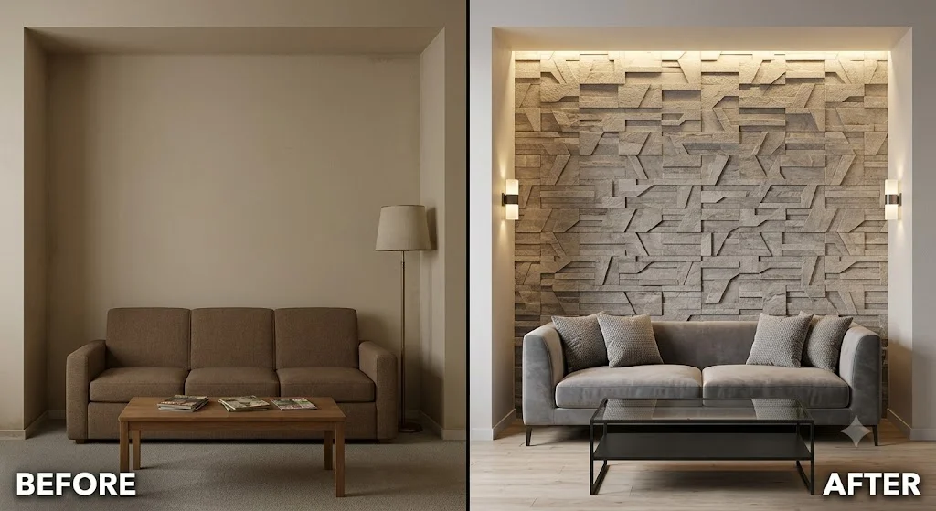 A strict side-by-side photo comparison of a living room alcove. The 'BEFORE' view on the left shows a plain, flat beige painted wall with a basic sofa and simple furniture. The 'AFTER' view on the right shows the identical alcove transformed with stunning textured 3D geometric patterned wall tiles, updated modern furniture, and warm layered lighting, labeled only with 'BEFORE' and 'AFTER' text.