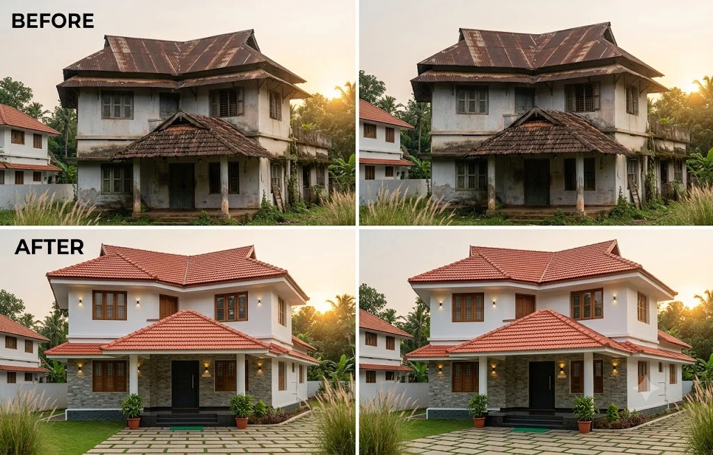 A side-by-side comparison of a plain stucco house wall before and the same wall transformed with textured stone exterior wall tiles after, showing enhanced curb appeal.