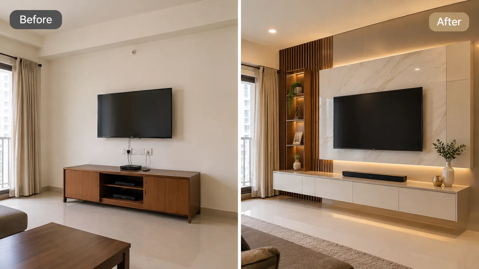 Modern PVC TV unit design with a floating TV cabinet, marble-look wall panel, wooden slats, and warm LED lighting in a contemporary living room