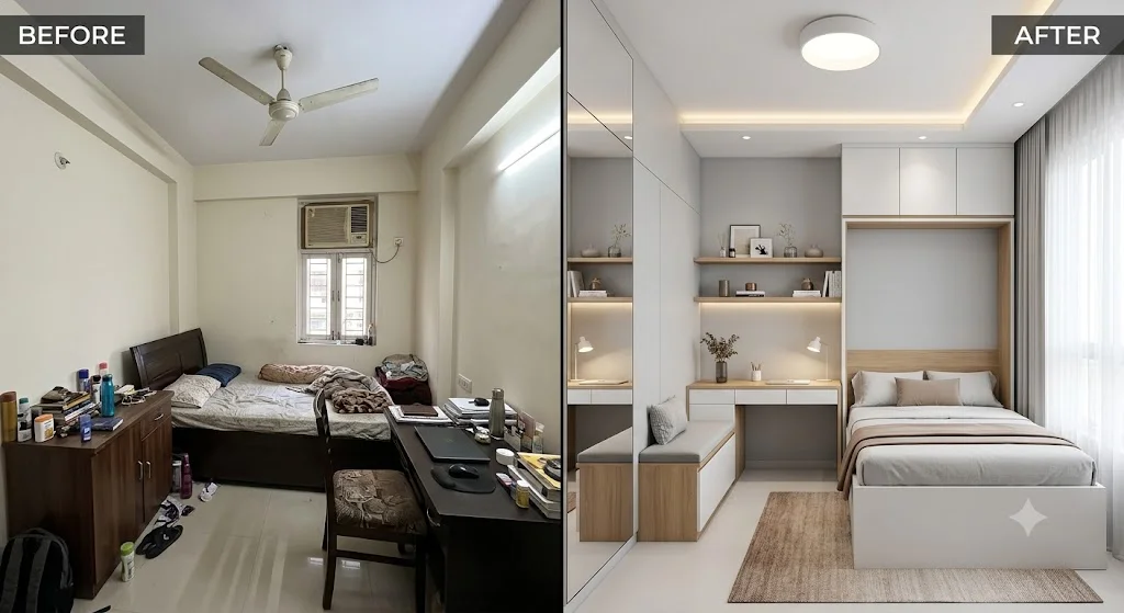 A comparative vertical split photo of a small bedroom transformation in a modern apartment