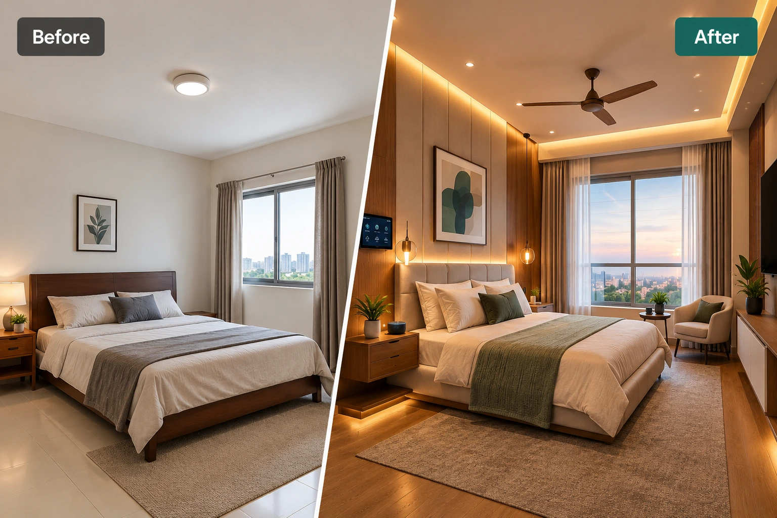 Before and after image of a bedroom transformed with smart home technology, automated lighting, and modern interior design.