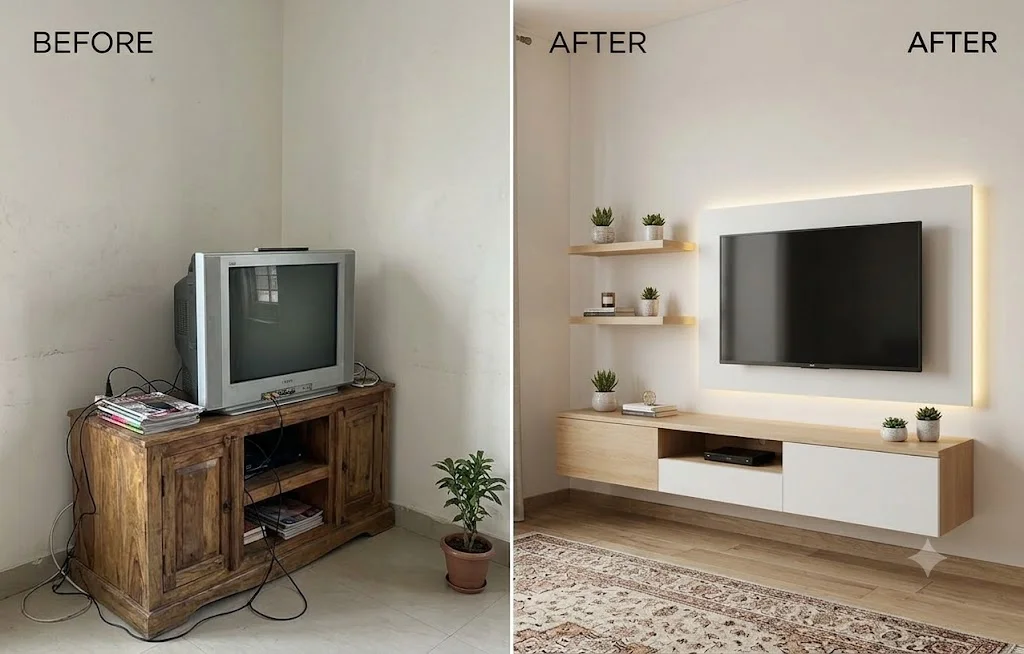 A smart and space-saving TV unit before and after.