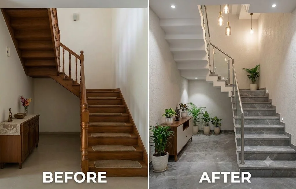 A side-by-side photo comparison: the 'BEFORE' view shows an old, dark, worn wooden staircase; the 'AFTER' view shows the same staircase beautifully renovated with patterned porcelain tiles on the risers and sleek, grey stone-effect tiles on the treads, creating a modern, textured, and well-lit design transformation.