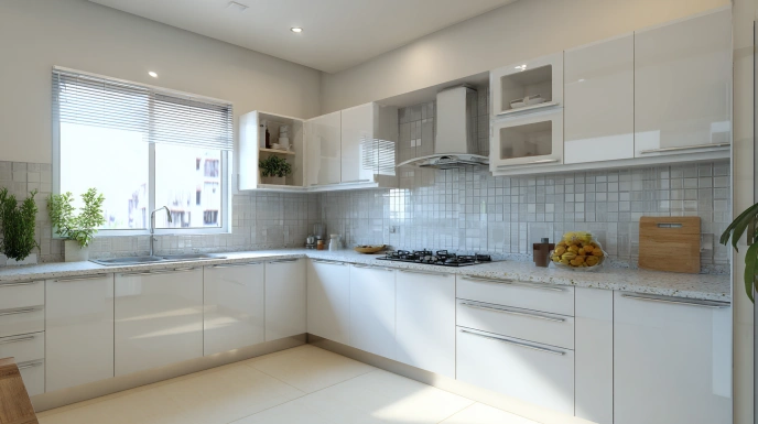 Simple low-cost white kitchen with clean cabinets