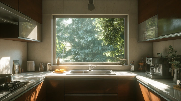 Kitchen window above sink with natural light