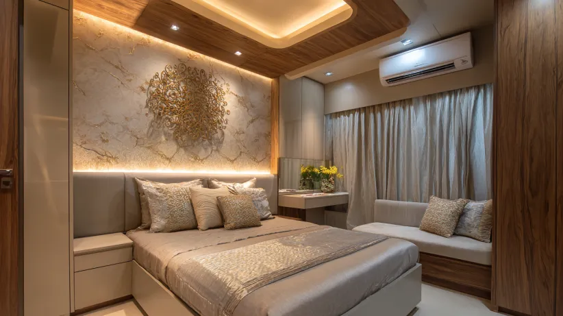 luxurious small bedroom with wooden pop ceiling design and gold accent wall art