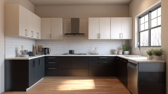 Two-tone kitchen with dark base and light cabinets
