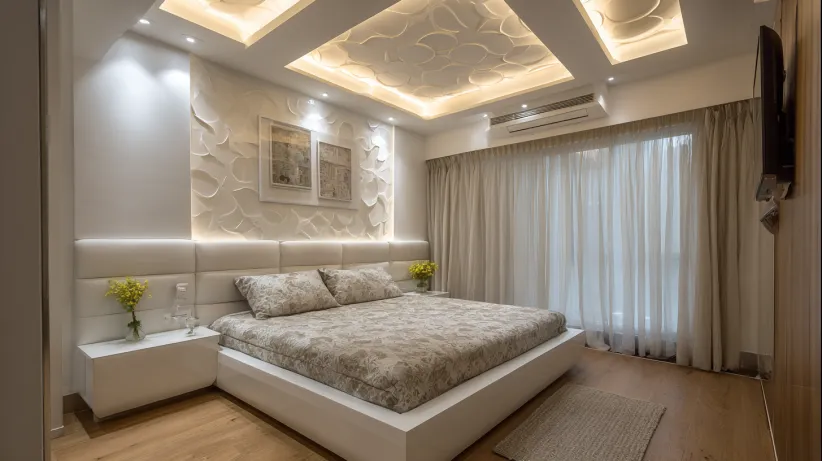 Modern small bedroom with a white textured accent wall and a recessed POP ceiling design featuring intricate swirl patterns.