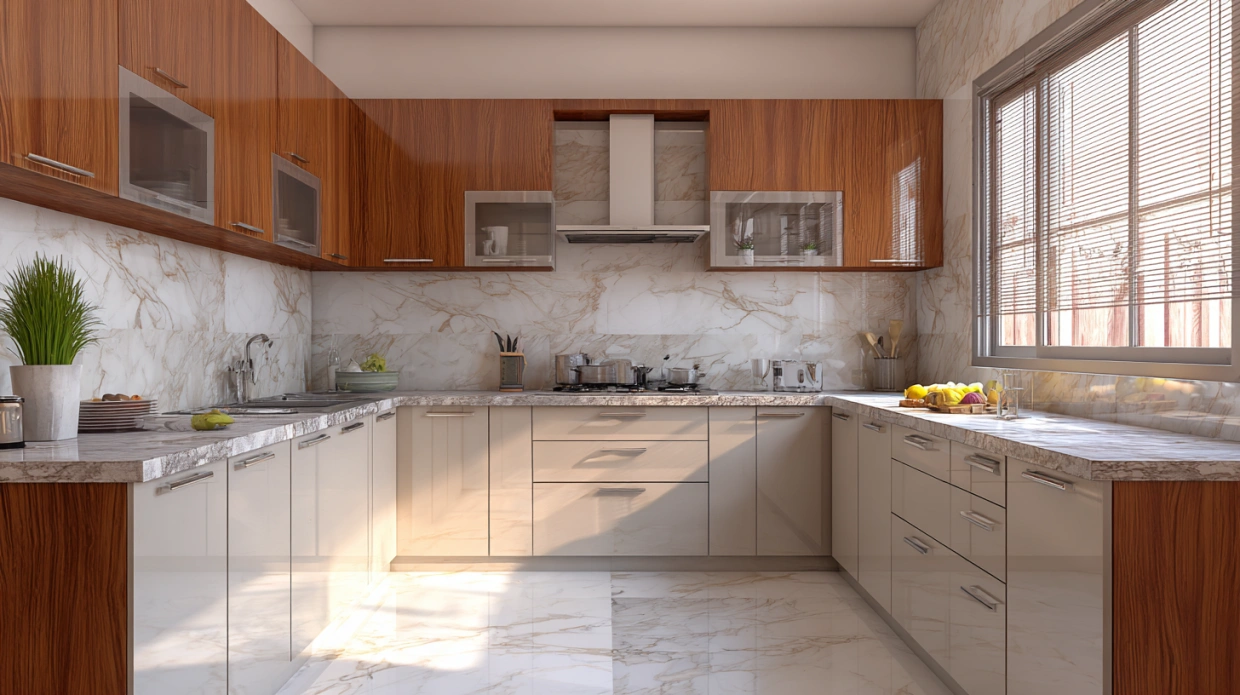 Functional family kitchen with high storage cabinets