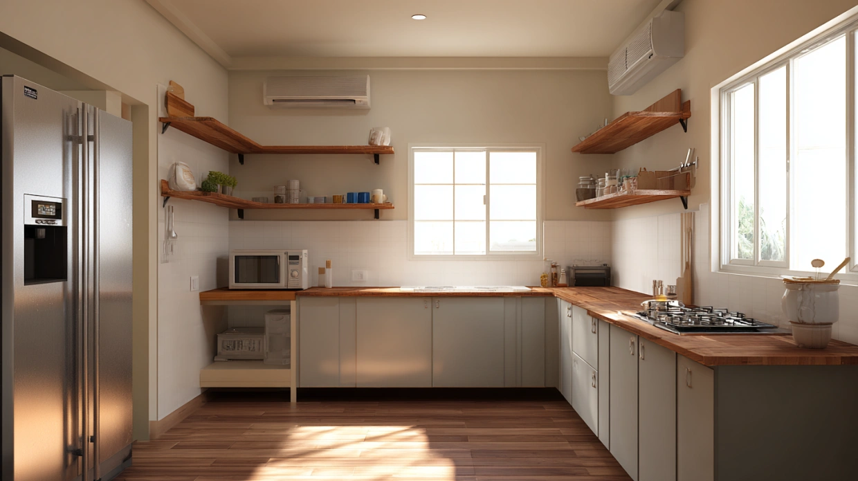 Kitchen with open shelves and visible storage
