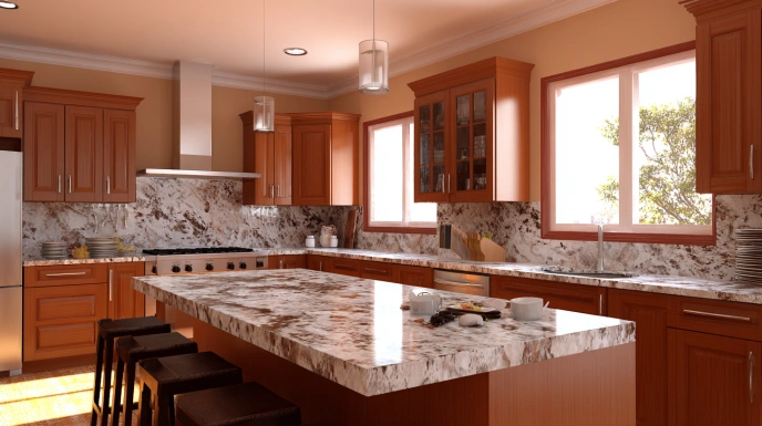 Kitchen with durable granite countertop and cabinets