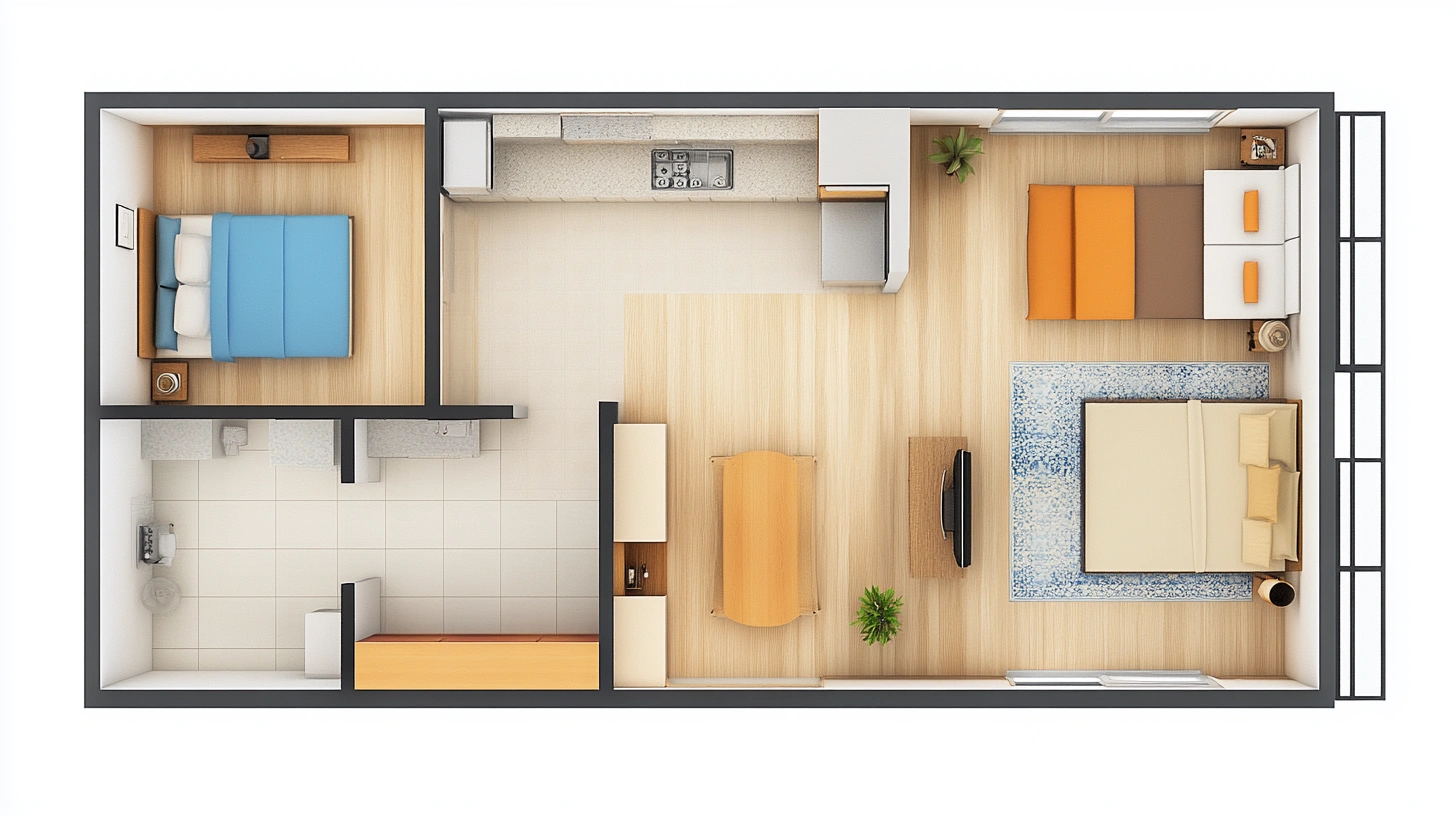 Compact 2BHK 15x30 house plan layout with furniture.