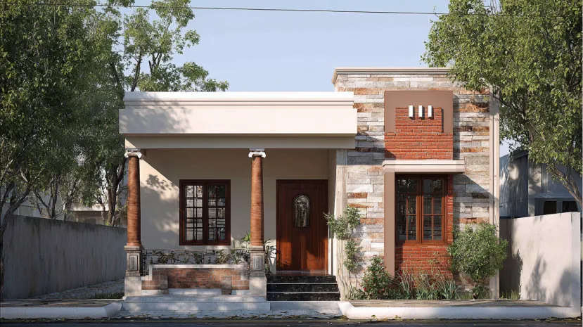 Small 15x45 house elevation with stone cladding and red brick