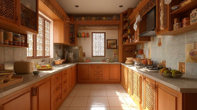 Traditional Indian kitchen with storage and ventilation