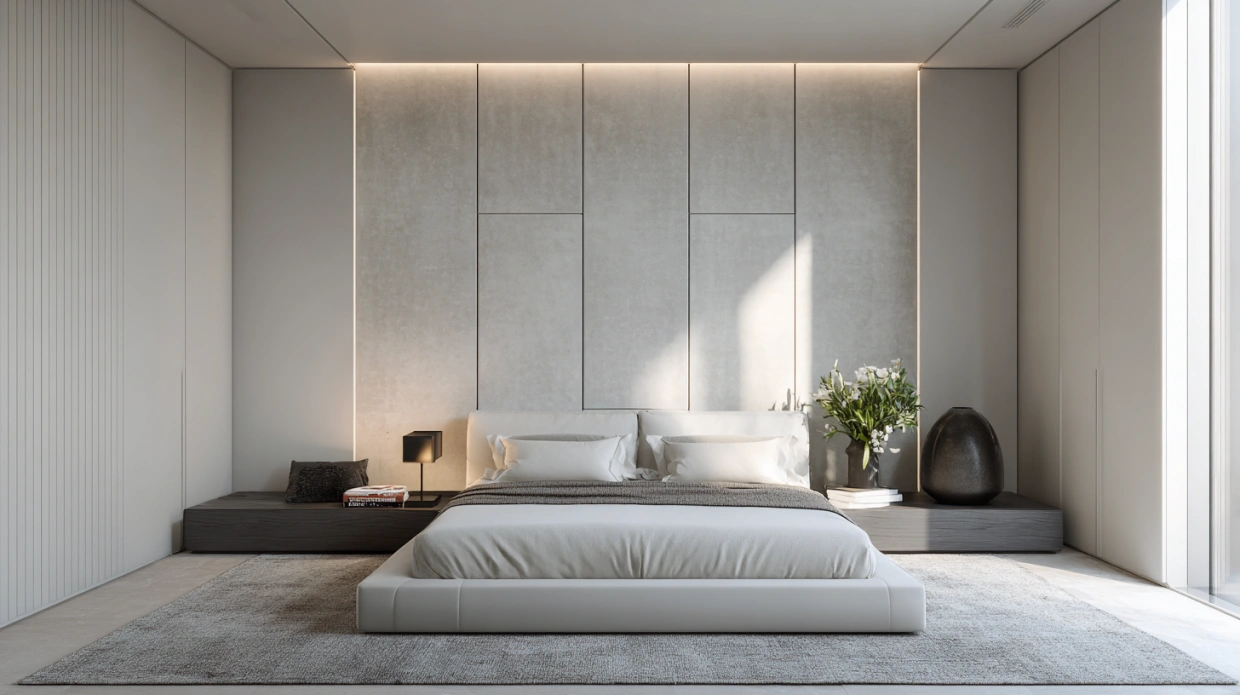 Symmetrical bedroom with paneled walls and elegant decor