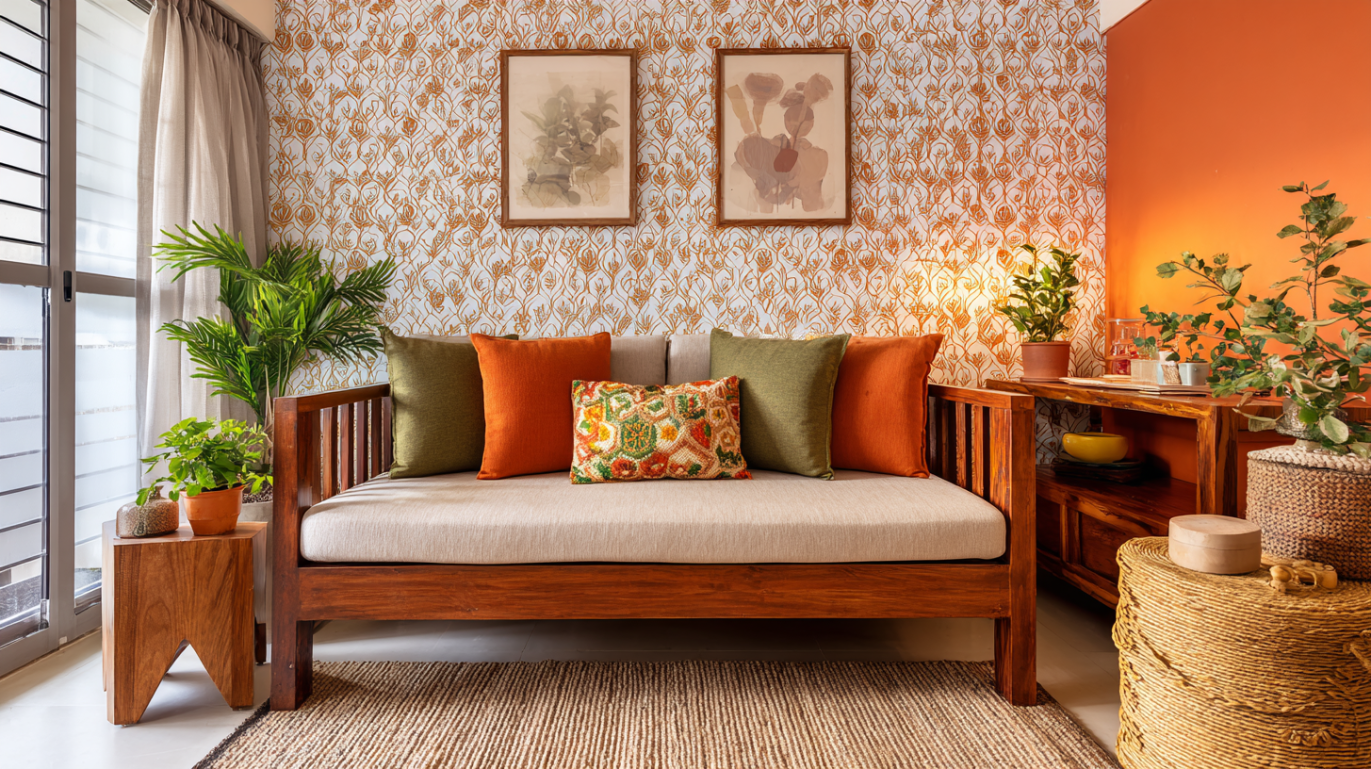 Retro 1970s living room with bold colours