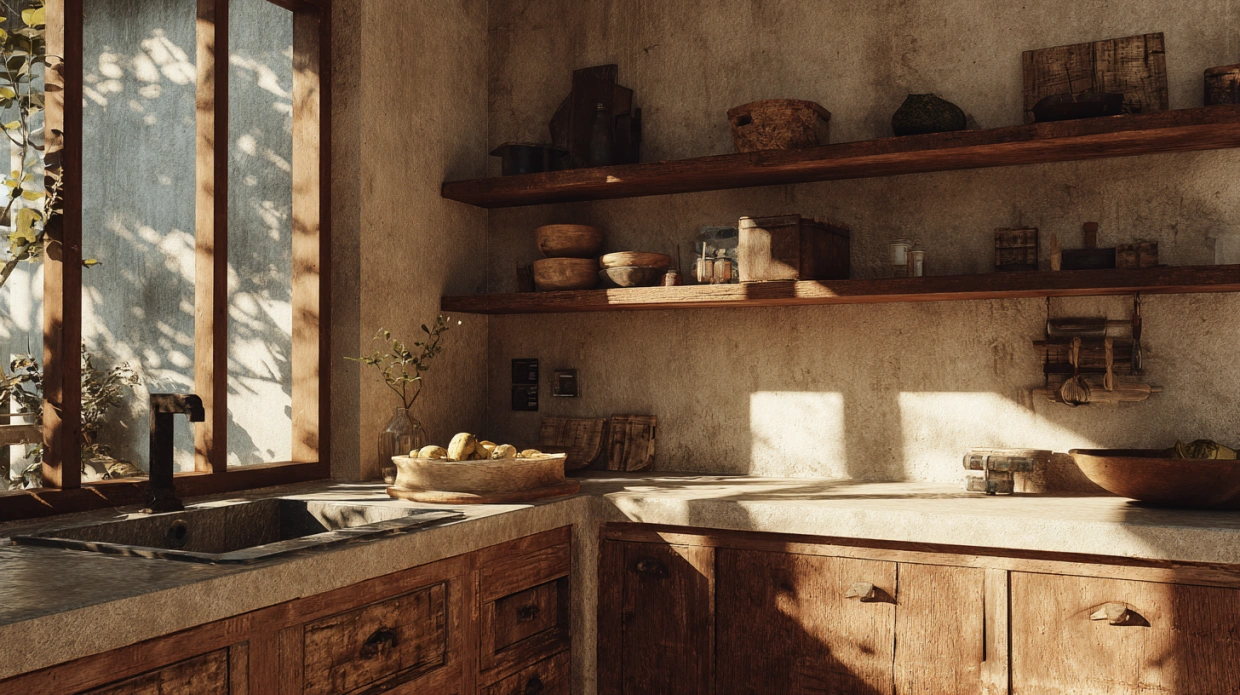 Rustic kitchen with wooden shelves and vintage details