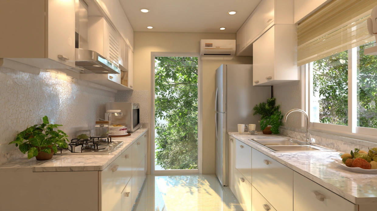 Small kitchen with sliding window design