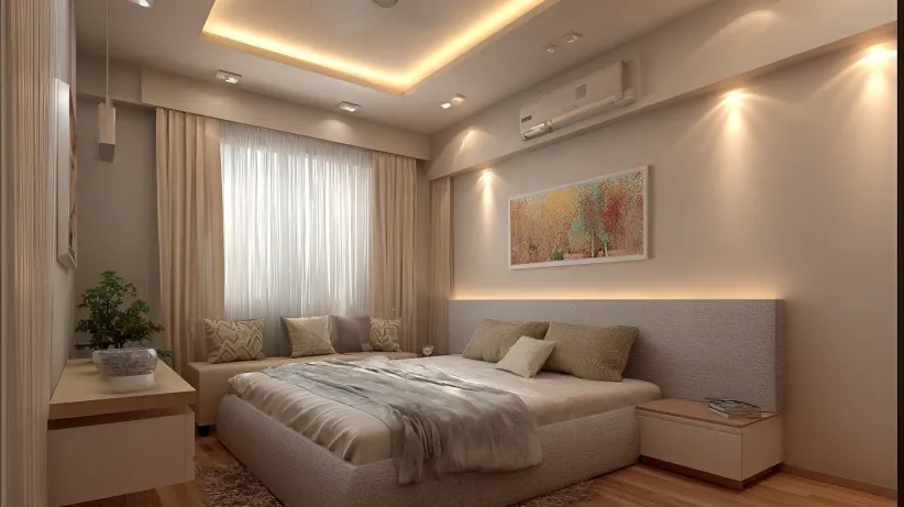 Modern small bedroom with a fabric headboard, window seat, and rectangular POP false ceiling design with warm cove lighting.