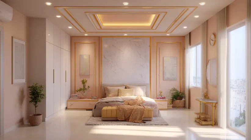 Luxurious small bedroom with blush pink walls, gold trim, and a grand recessed square POP ceiling design with cove lighting