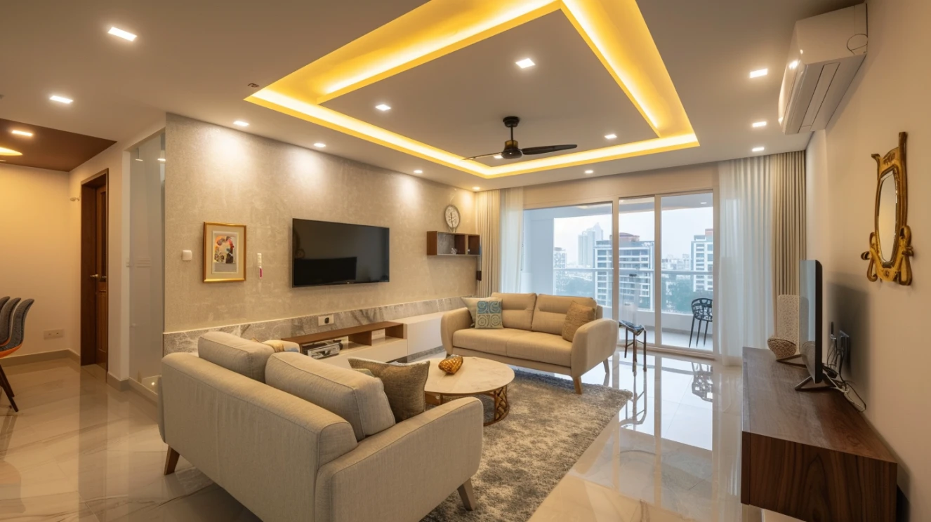 3 BHK false ceiling design with warm LED lighting