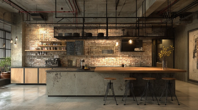 Industrial kitchen with brick wall and metal finishes