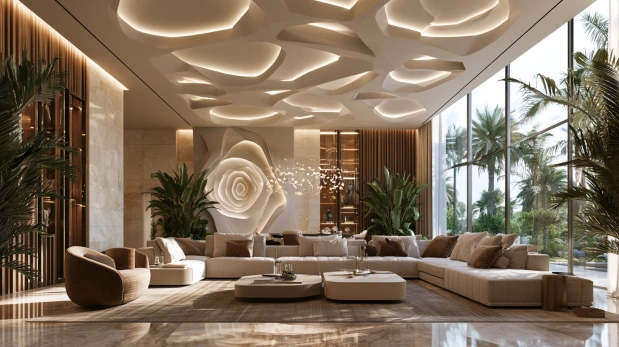 Dynamic 3D ceiling wallpaper with layered depth.