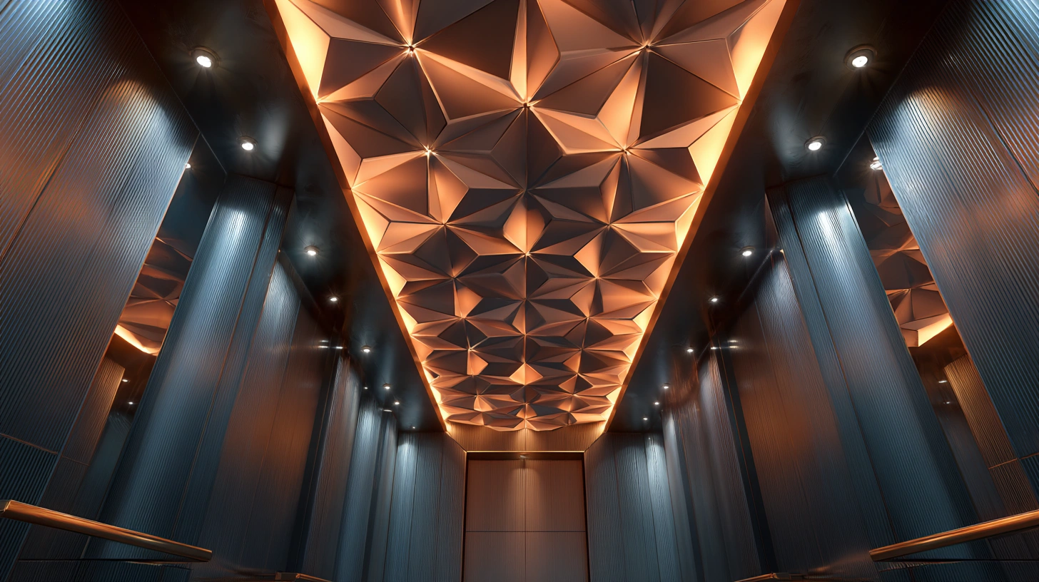Lift ceiling with a 3D geometric design creating depth