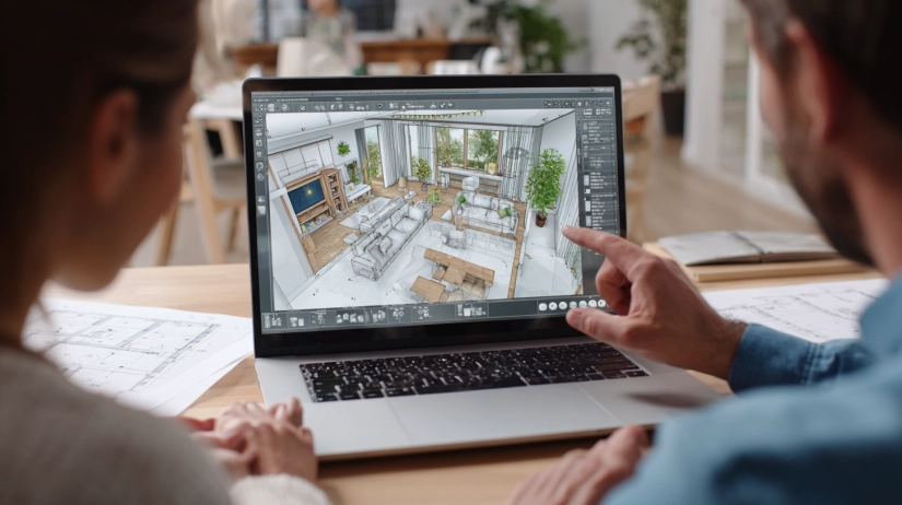 Laptop screen showing a 3D low budget Indian interior design