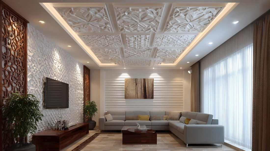 Geometric 3D PVC ceiling panels with recessed lighting