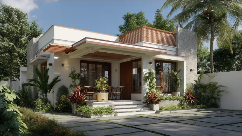 3D Small House Design with contemporary stone accents.
