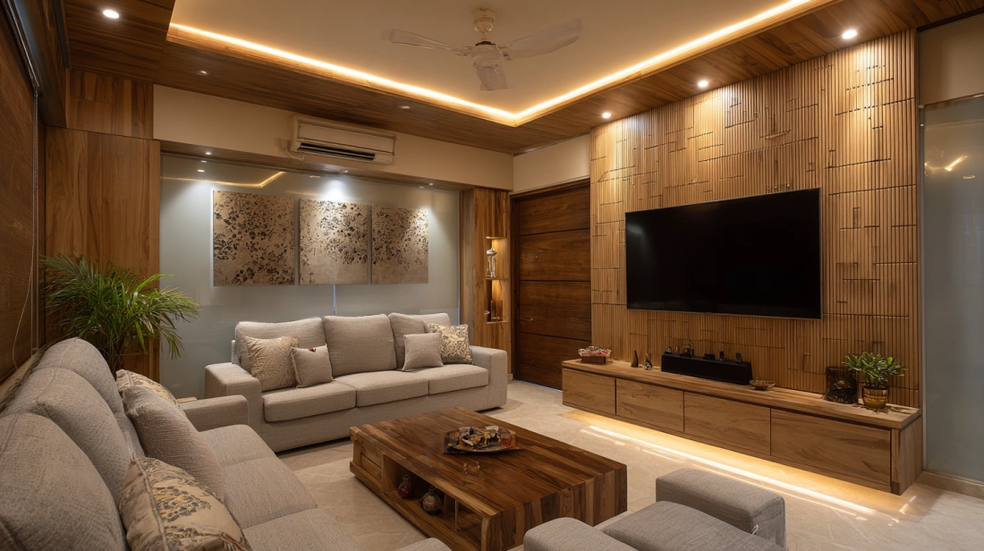 Living room with a 3D textured TV panel