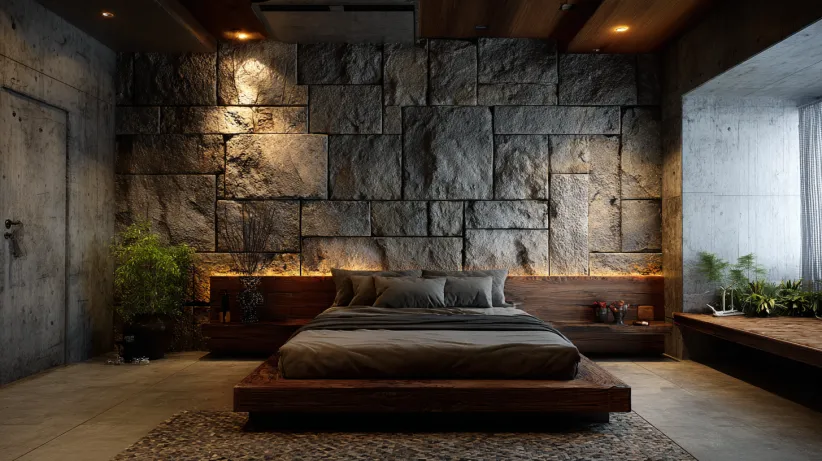 Rustic 3D textured PVC wall panel design for bedroom