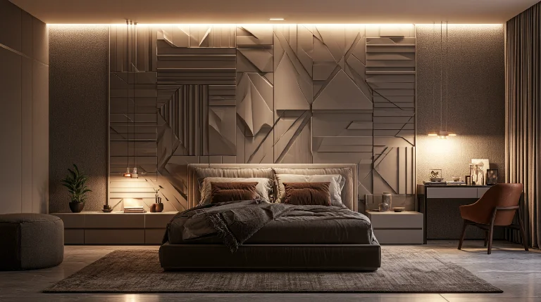 3D geometric wall art above a bed
