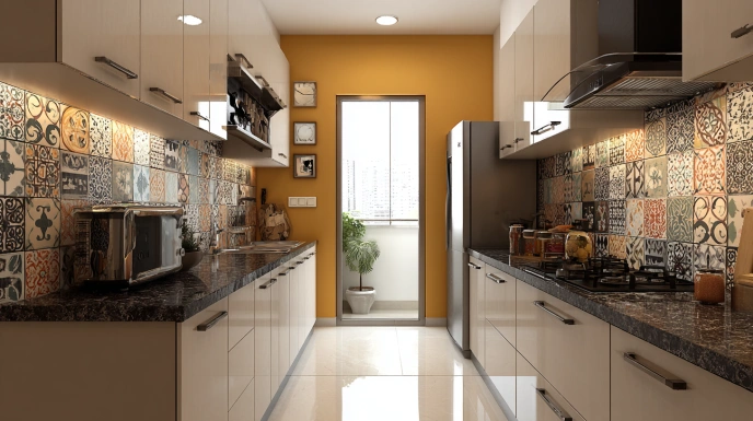 Kitchen with colorful tile backsplash and simple cabinets