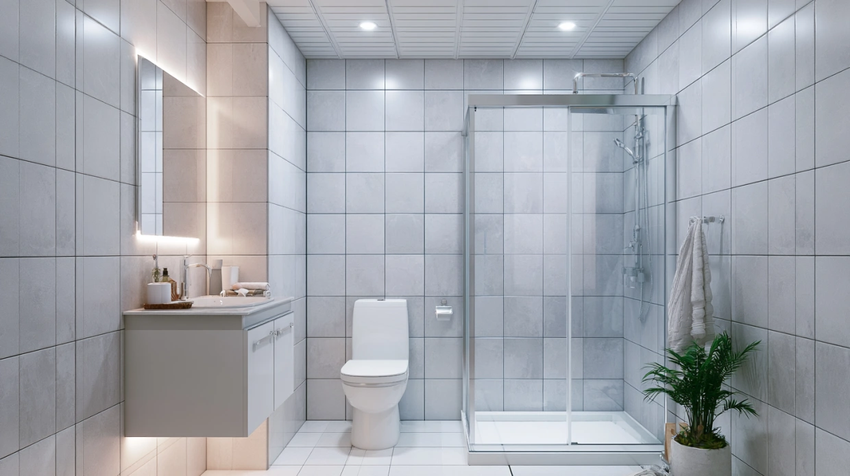 White PVC panel ceiling in compact bathroom