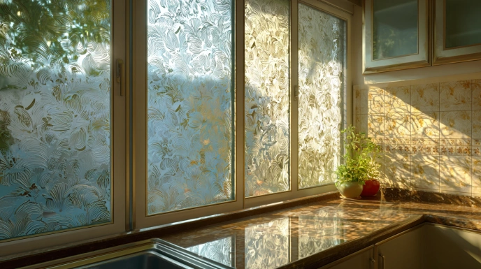 Kitchen window with decorative glass design