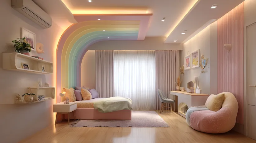 Whimsical small bedroom with a large, colorful rainbow POP ceiling design arching over the bed and soft lighting.