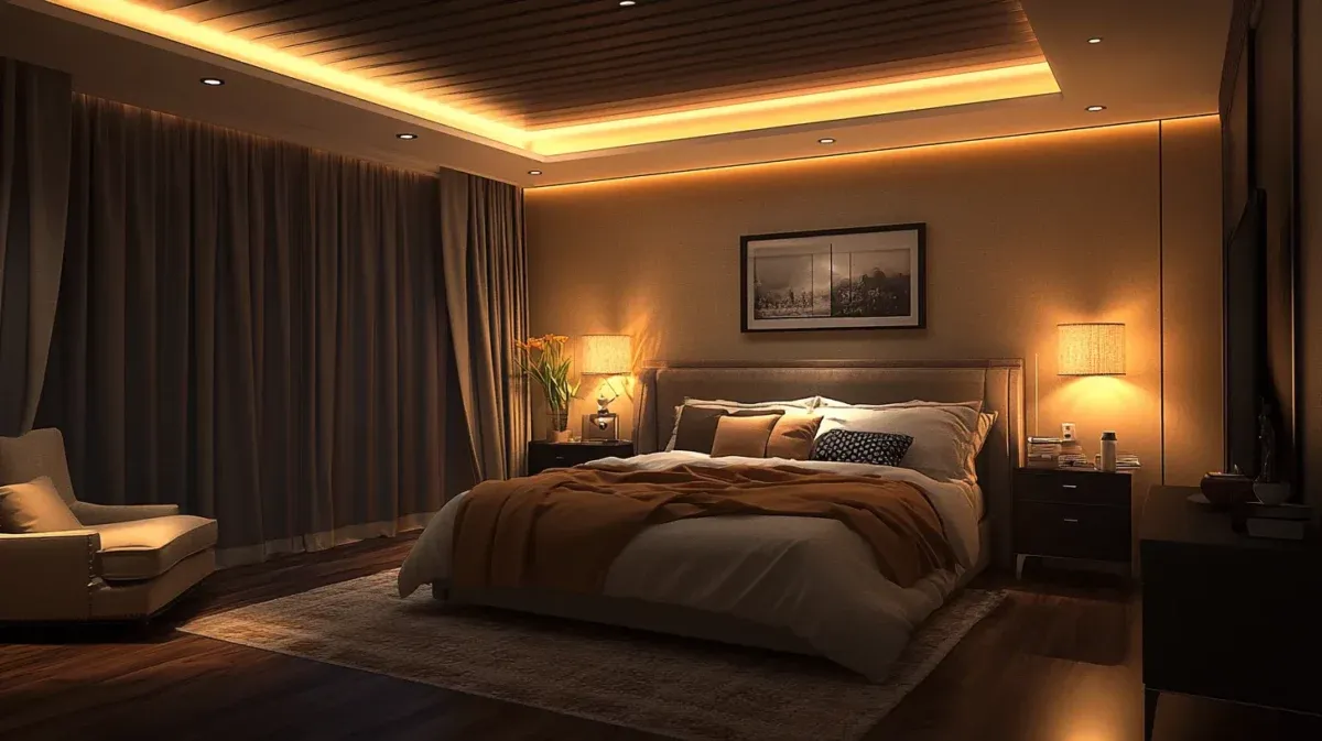 Cozy small bedroom at night featuring a wooden panel POP ceiling design with perimeter LED cove lighting.