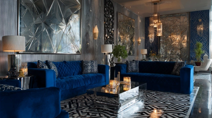 Sapphire blue and chrome Art Deco living room