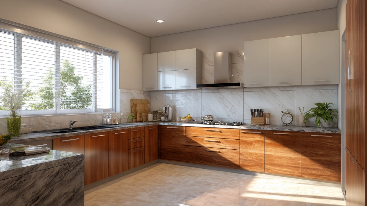 L-shaped kitchen with corner window