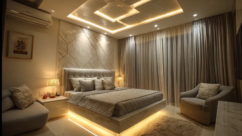 Luxurious small bedroom with geometric stone accent wall and a striking square POP ceiling design with warm perimeter lighting.